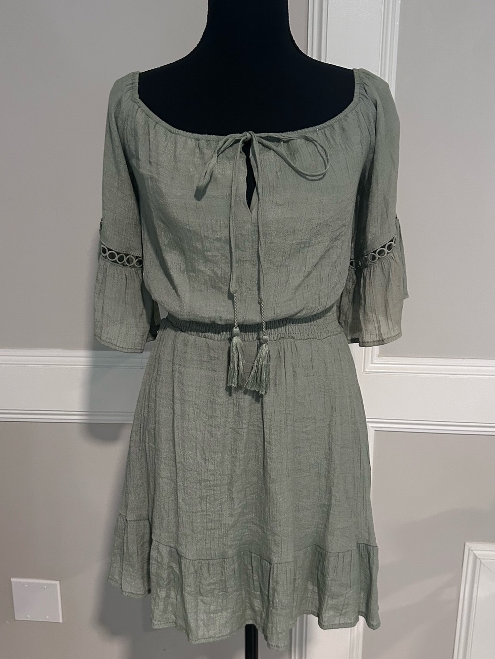 Pink Lily Sage Green Boho Tie-Front Mini Dress
